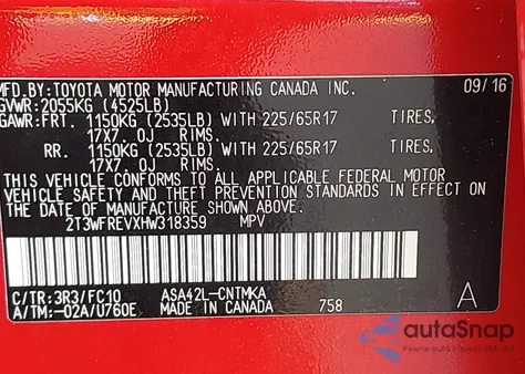 2017 Toyota Rav4 Xle from USA, damaged, VIN 2T3WFREVXHW318359